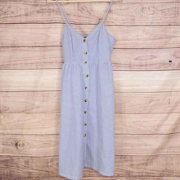 DIVIDED BY H&M BLUE WHITE STRIPED SEERSUCKER BUTTON UP DRESS WOMENS SIZE 2 - Picture 1 of 8